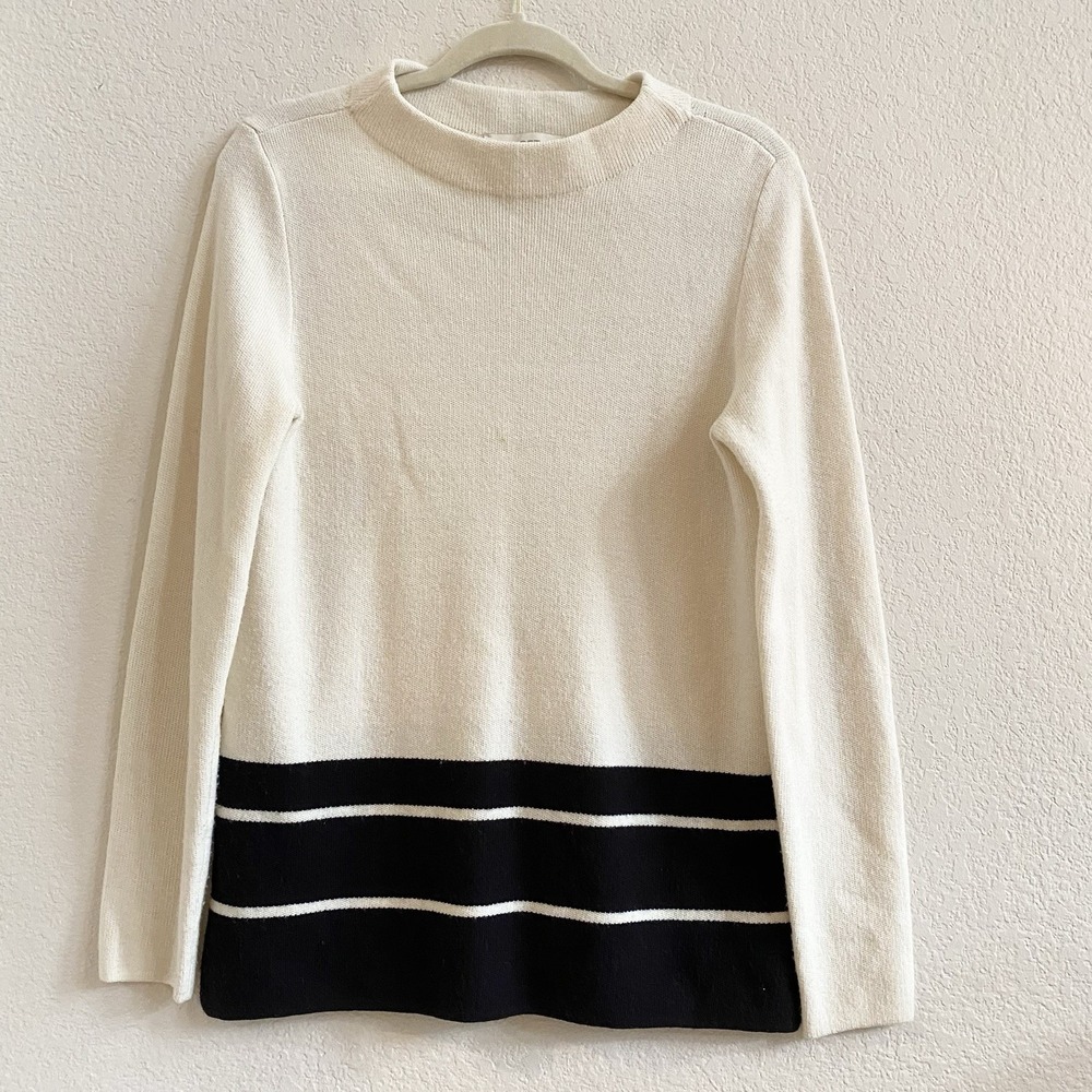 Loft Wool Blend Knit Tunic Sweater Size Medium Long Sleeve‎ Ivory Black Stripe